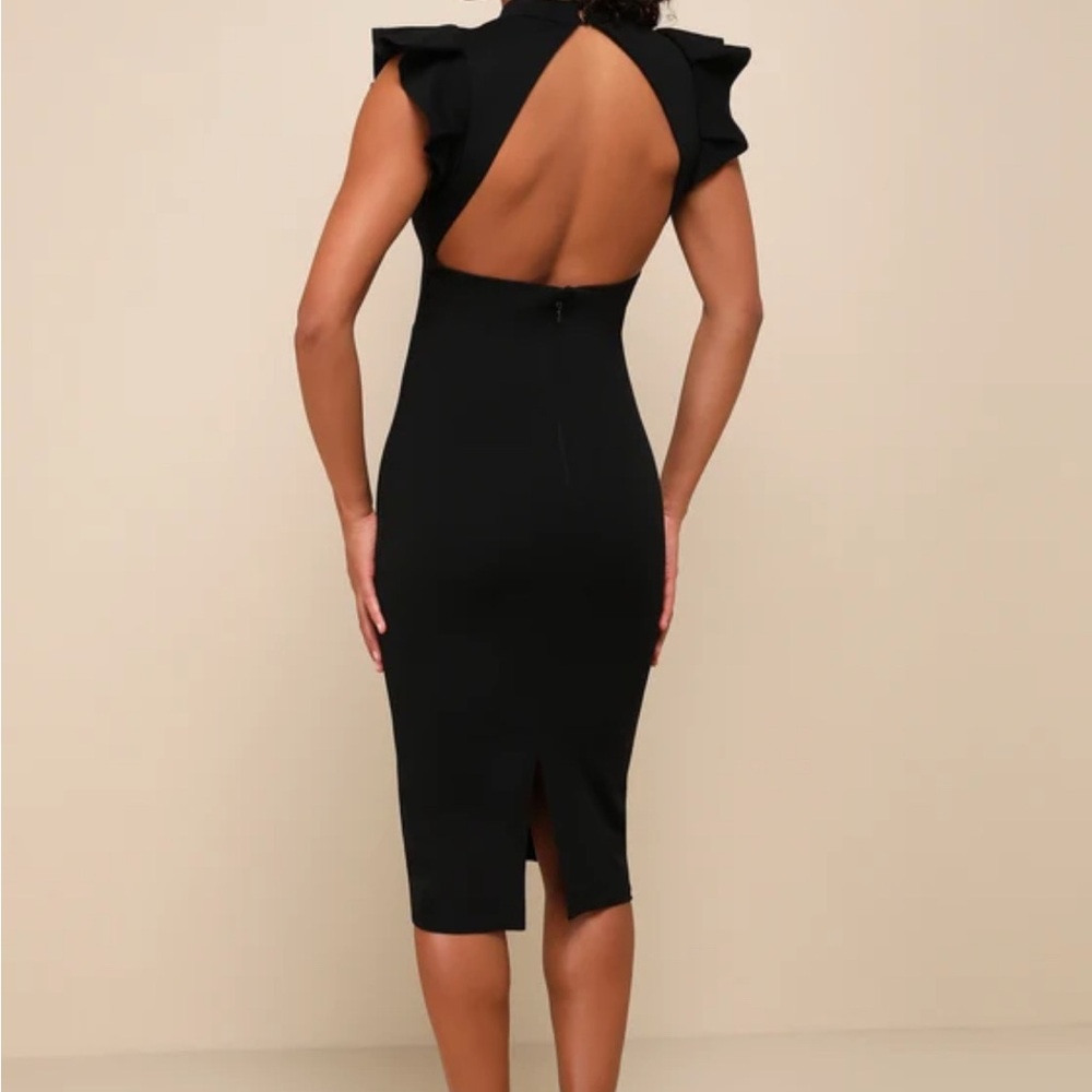 Lulus Stylish Splendor Black Backless Ruffle Bodycon Midi Dress - Picture 2 of 4